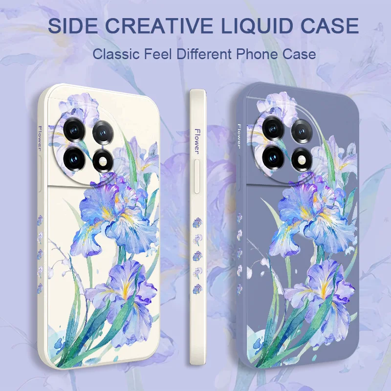 Lindo íris flores caso de telefone para oneplus 12 12r 11 11r 10 10r 10t 9r 9rt 9 8t 8 7 7t pro 5g capa de silicone líquido