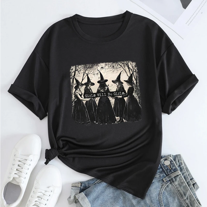 Shirts for Women Oversized Short Sleeve Witch Graphic T Shirts Girls 100%Cotton Tops Vintage Clothes Halloween Women Shirt