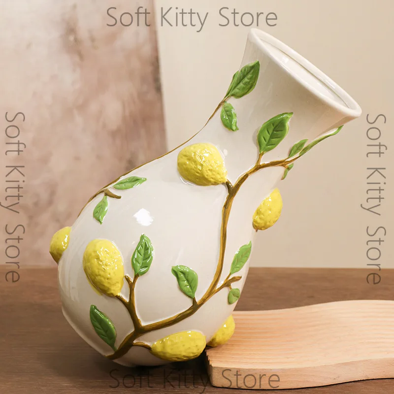 French embossed lemon vase handmade hand-colored large vase living room entrance new Chinese decorative ornament