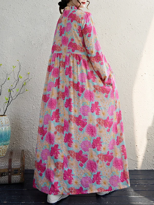 Red Lotus Herbst Neue Retro Baumwolle Leinen Druck Lose Beiläufige Ohr Musoom Rüschen Kragen Lange Sve Maxi Dr Floral Trim