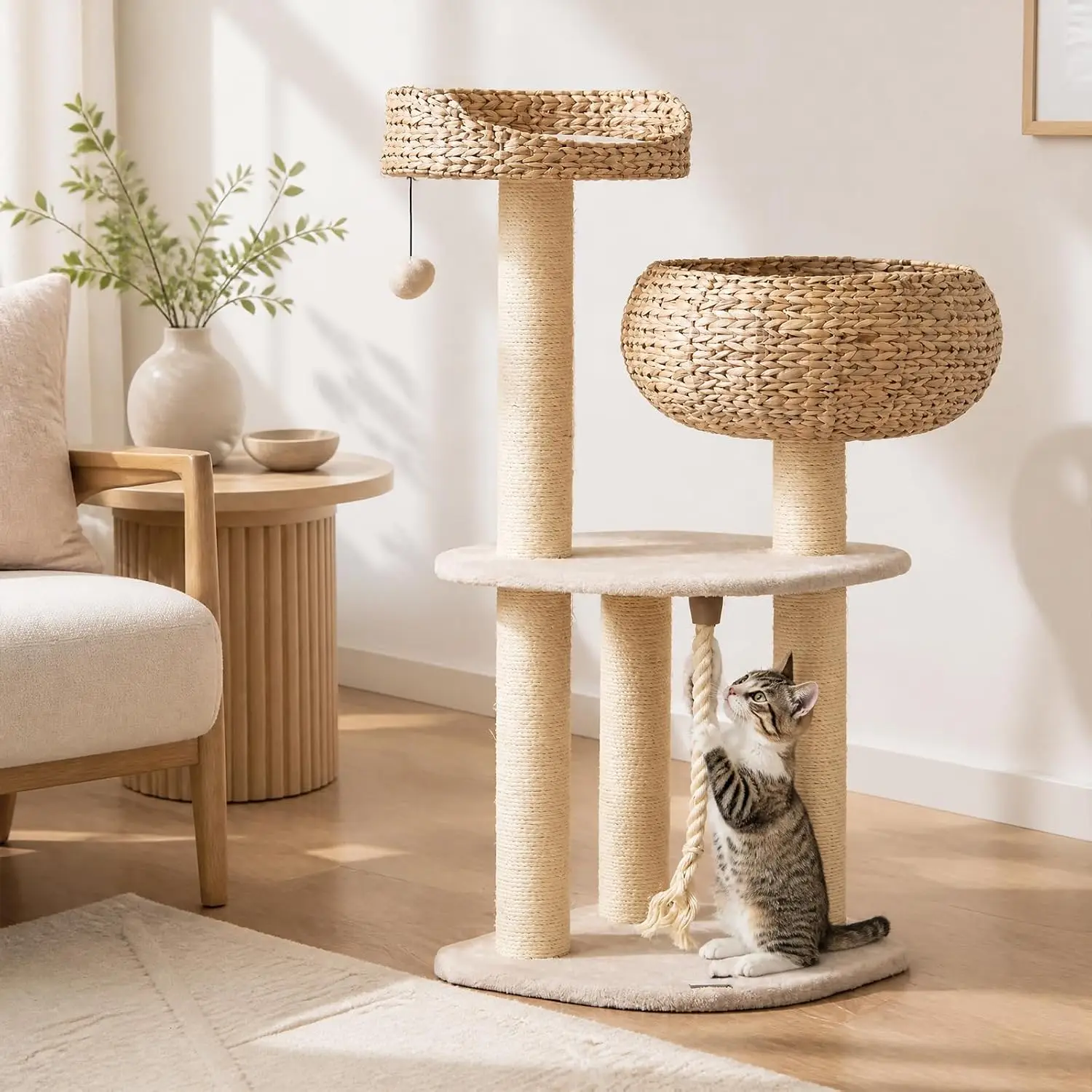 41 Inch Modern Cat Tree for Indoor Cats, Multi-Level Cute Cat Tree with Scratching Posts, Hand-Made Wicker Cat, Customized