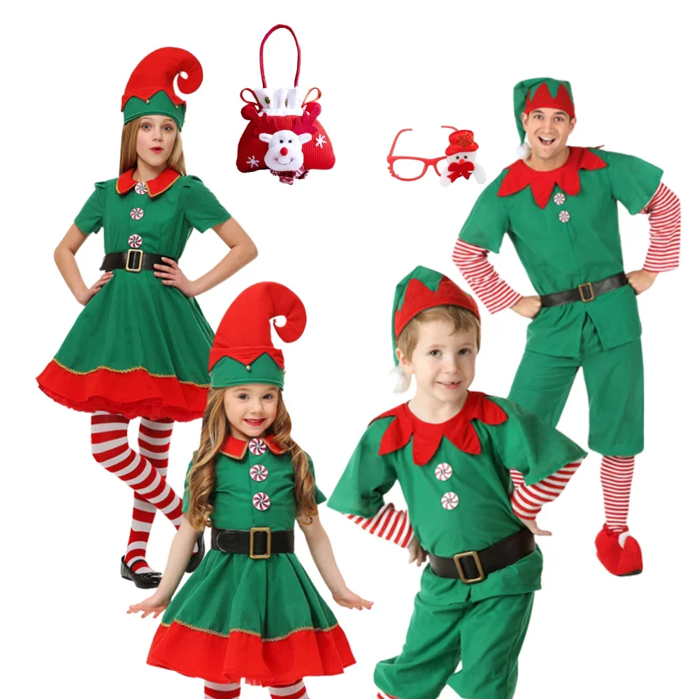 

Santa Claus Costume Green Elf Role-Playing Set Girl Boy Family Carnival Party New Year Fancy Dress