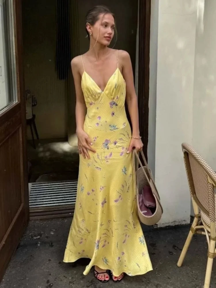 

Women V-neck Yellow Maxi Dress Floral Print Satin Spaghetti Straps Flowy Casual Dresses 2026 Summer Beach Vacation Party Vestido