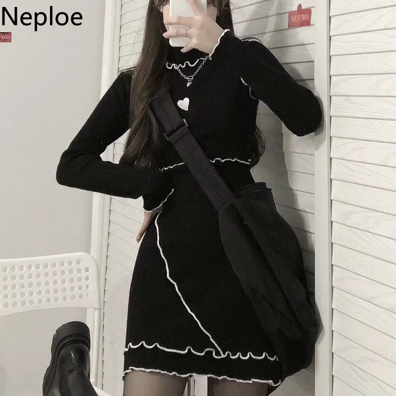 Neploe Women Dress Knit Robe Long Sleeve Mini Dresses Korean Bodycon Pencil Dresses Fashion Y2K Sweater Vestidos Ruffle Clothes