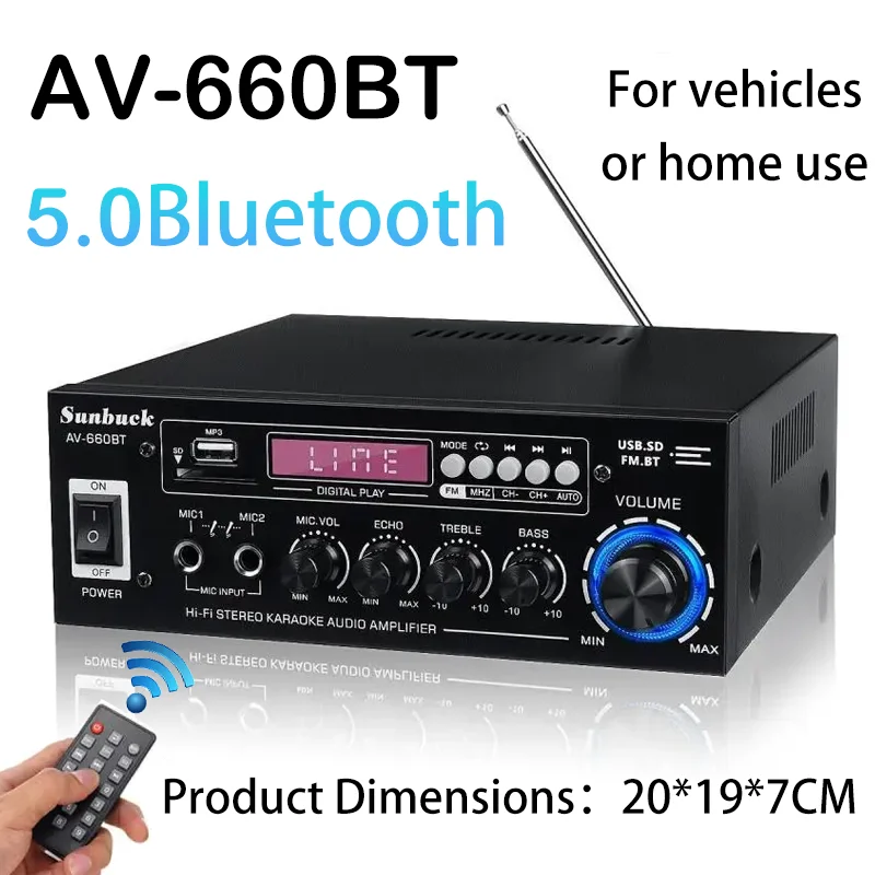 

AV-660BT BT5.0 Mini Protable High-Power Home/Car Bluetooth Amplifier 12V 110V/220V Audio Amplifiers Support DVD FM SD USB 2 Mic