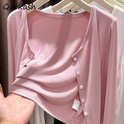 Long Sleeve Cardigan Women Knitted O-neck Single Breasted Summer Korean Style Light Sun-proof Breathable Solid Simple Sweaters