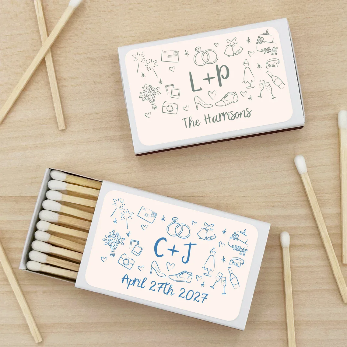 Custom Match Boxes, Wedding Matches, Bridal Shower Favors, Party Favor Matches, Matchboxes Customized, Hand Drawn Wedding Matche