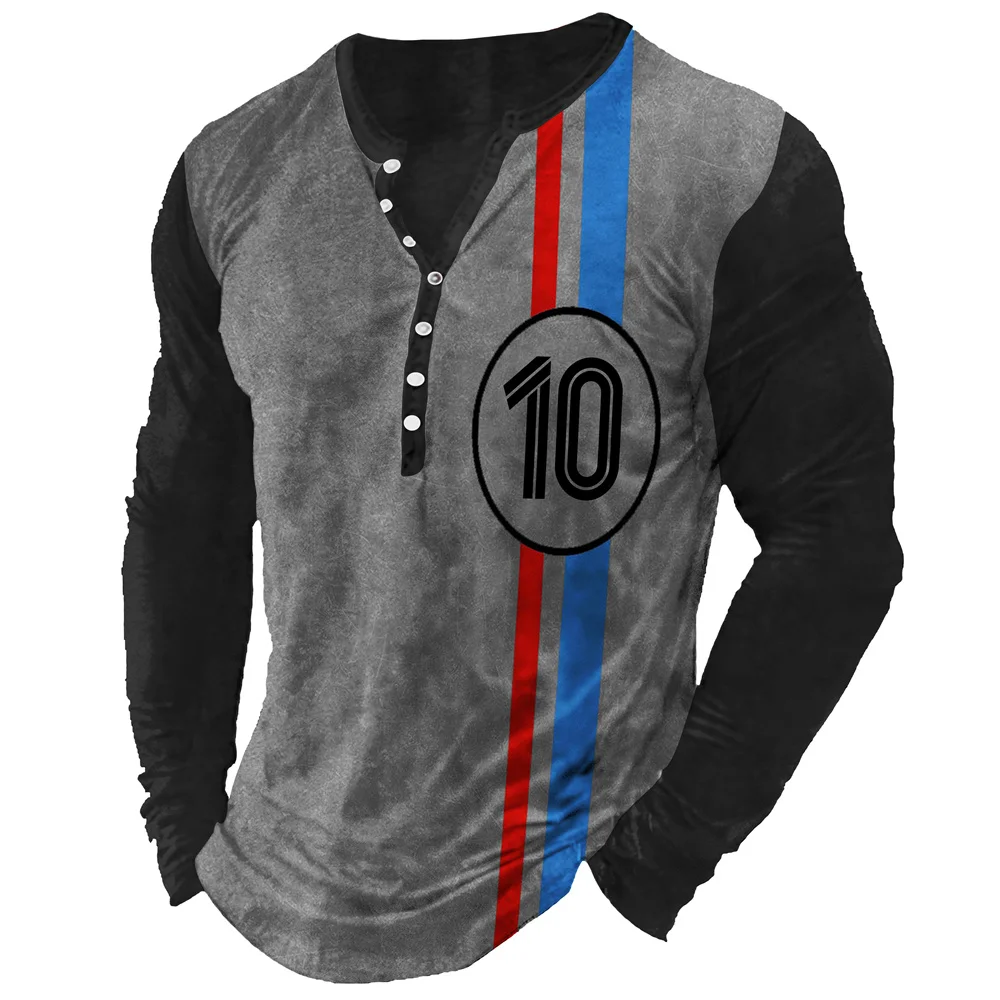 

Retro Men's Henry Shirt, Fashionable Striped Printed Long-sleeved T-shirt, Men's Summer T-shirt, Buttoned Casual Jacket, T-shirt