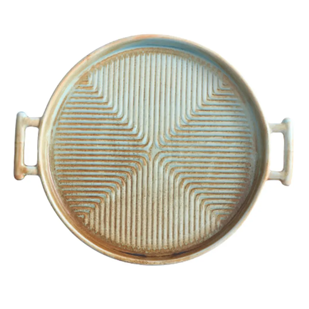 

1Pcs Ceramic Baking Pan Porcelain Round Baking Tray Retro Double Ear Handle Nonstick Oven Microwave Safe Kitchen Bakeware