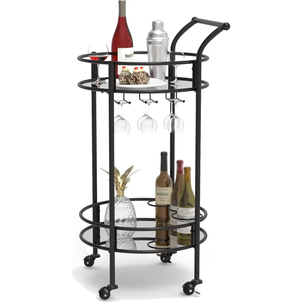 

Round Black Rolling Bar Cart with 2 Mirror Shelves, Wine Rack and Lockable Casters, Suitable for Home Kitchen, Club, Living Room
