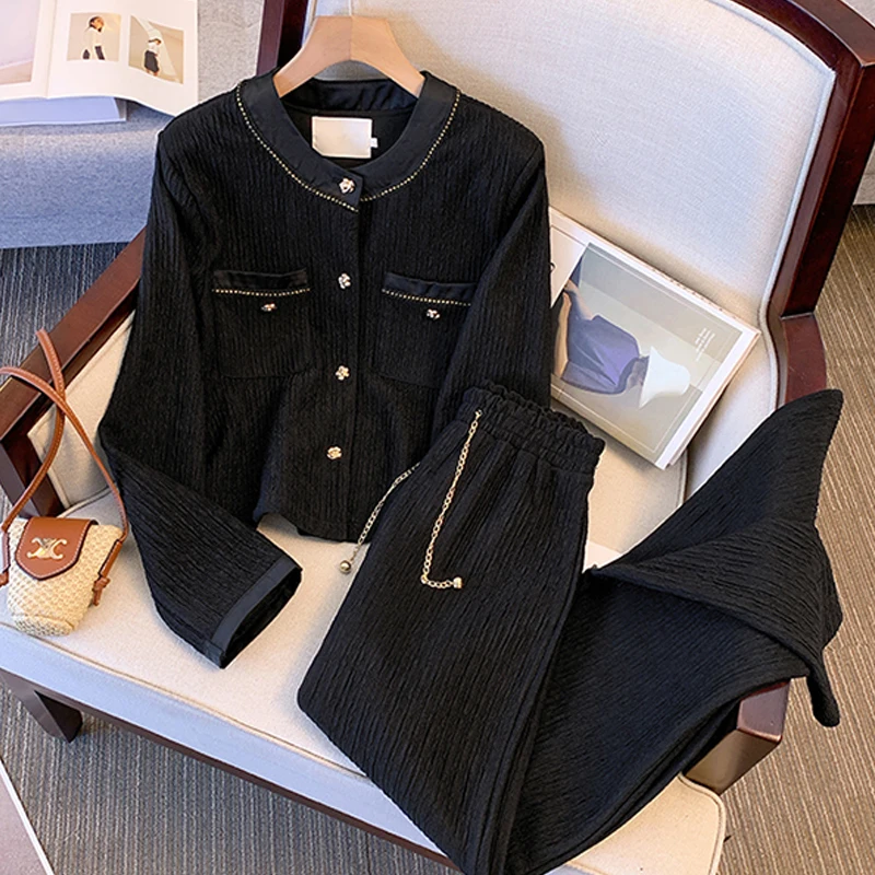 

Women's Spring New Design Fashionable Solid Color Temperament Long Sleeve Jacket Look Thin Straight Leg Pants Two Piece Set