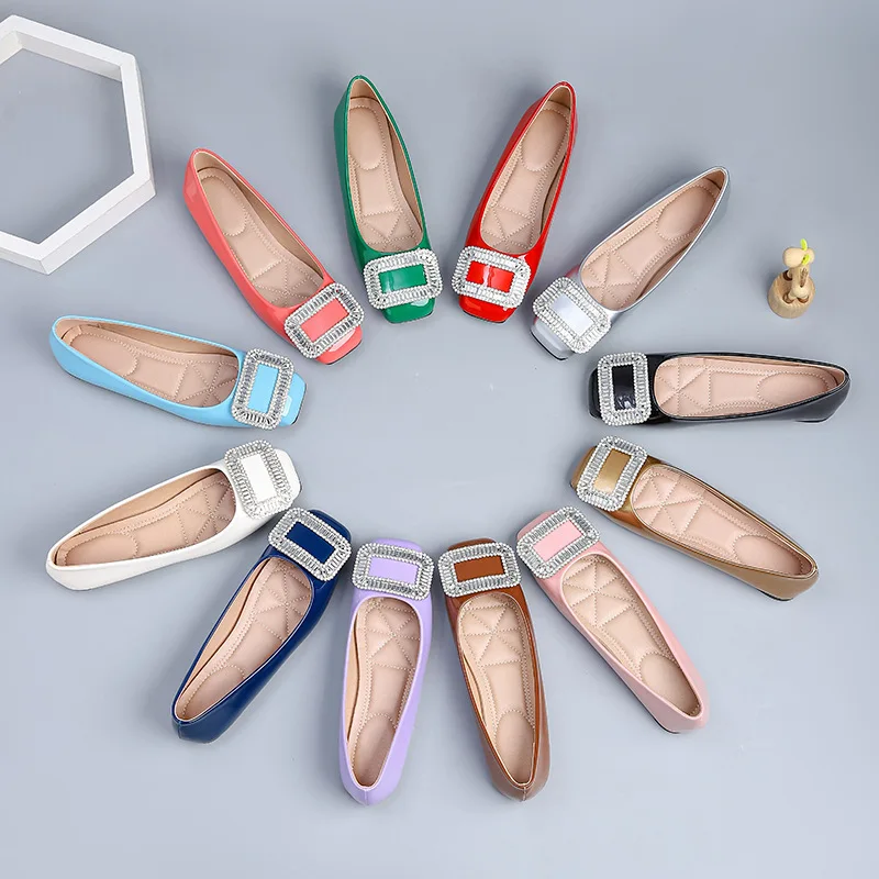 Plus Size 35-44 Women Flats Low Heel Pumps Office Lady Leahter Shoes Crystal Diamond Decorative Buckle Slip on Female Shoe