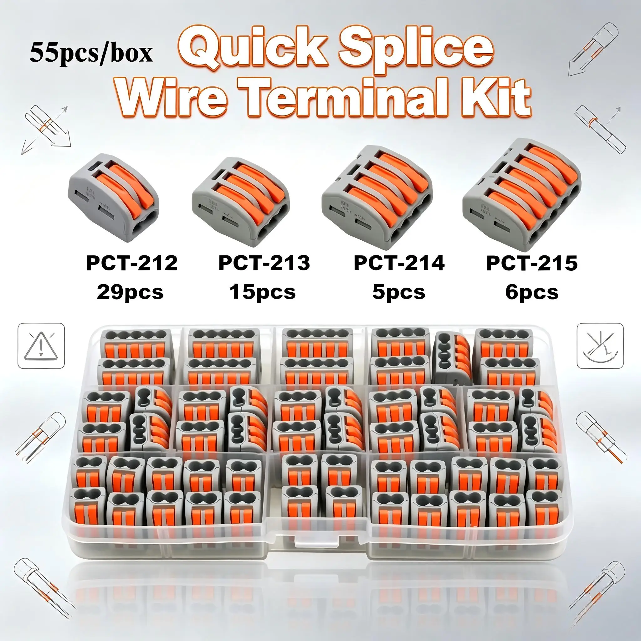 55PCS PCT-212 PCT-213 PCT-214 PCT-215 Quick Connector Terminal Block Assortment Kit Electric Wire Splice Connectors