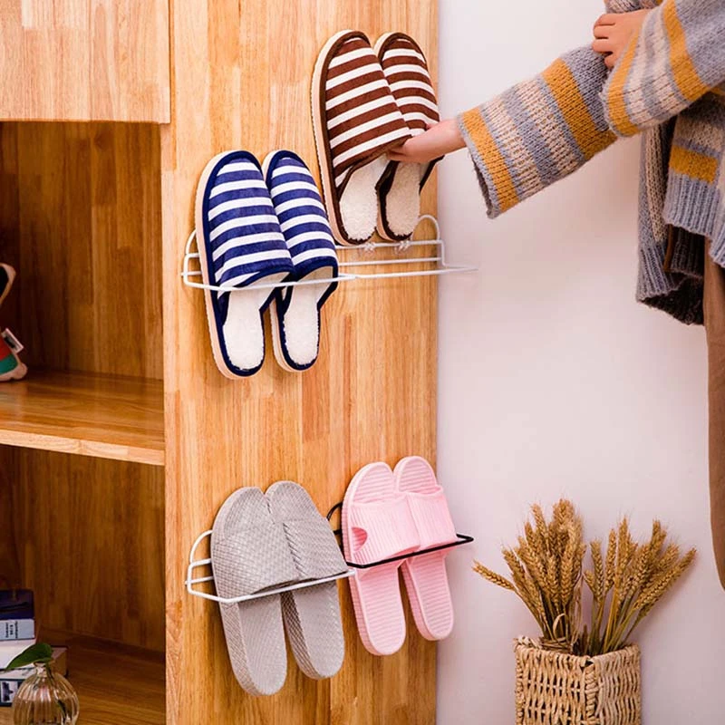 Iron Wall Mounted Shoe Rack Hanging Shoe Holder Hanger Towel Rack Hanger Bathroom Slippers Drain Storage Shelf Organizer