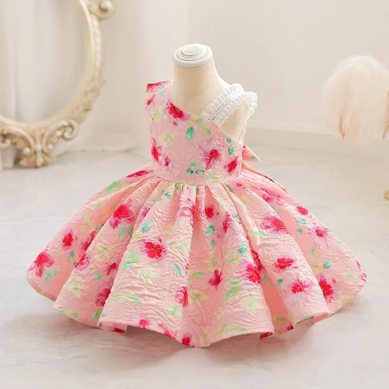 

Pink Baby Dress Girl Floral 1 Year Birthday Princess Tutu Gowns One-Shoulder Child Kids Wedding Party 1st Communion Clothes 1-6