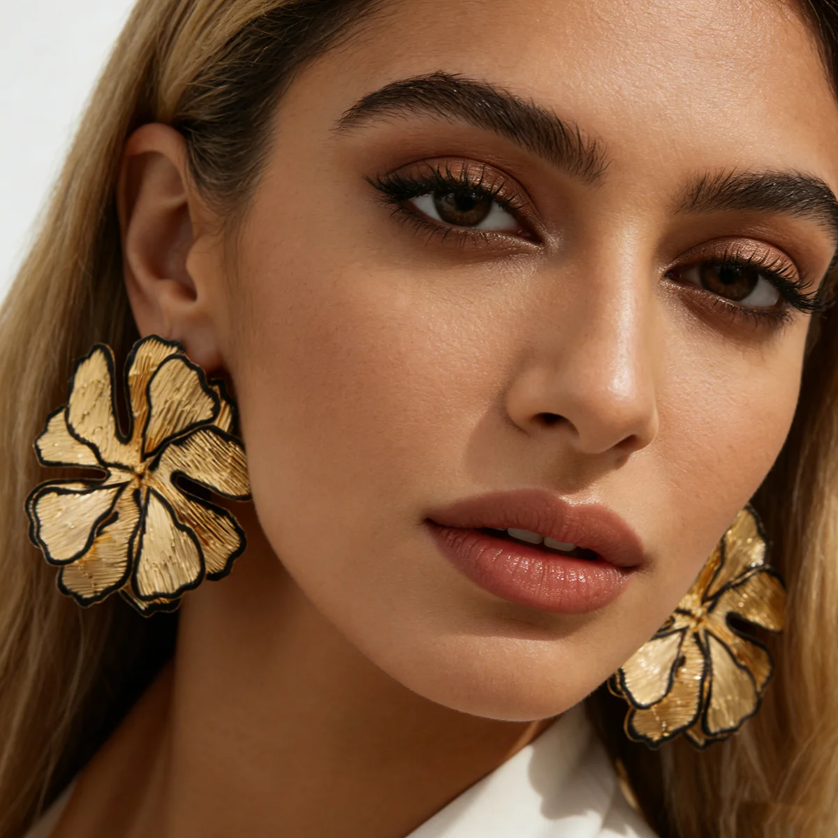KunJoe Luxury Alloy Gold Color Big Flower Stud Earrings for Women Exaggerated Multi-layer Petal Piercing Earrings Jewelry Gifts