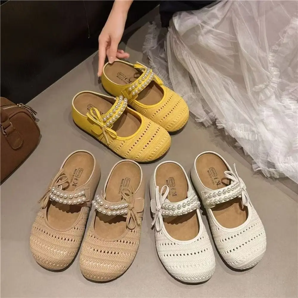 

Sweet Women's Pearl Bow Tie Sandals Versatile Comfortable Low Heel Flat Shoes Non-slip Soft Flat Outdoor Beach Sandals