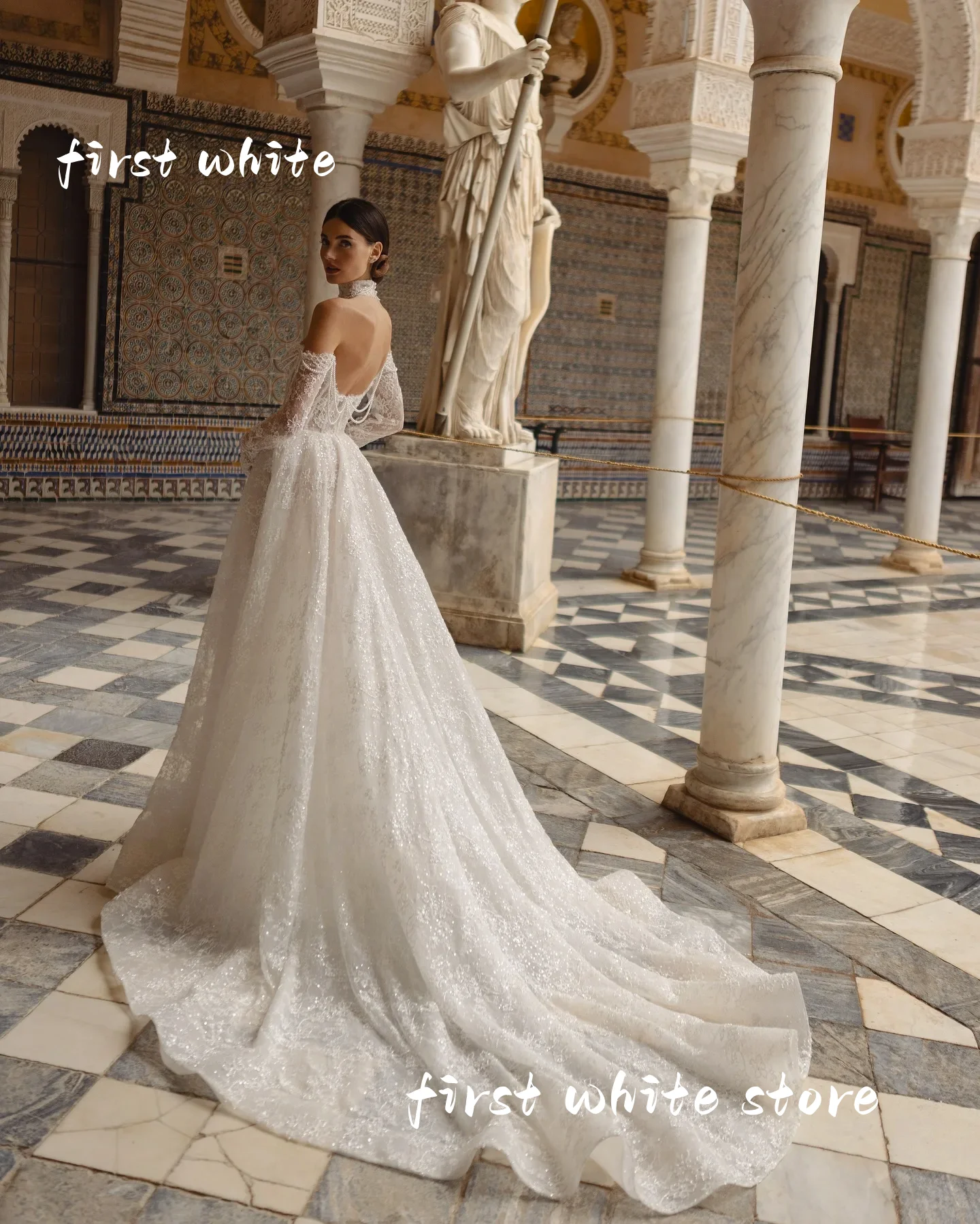 Luksusowa suknia ślubna w kształcie litery A, koronkowa, Vestidos De Novia, długa rękaw, perły, elegancka, vintage, szyta na miarę, boda civil, Hochzeitskleid Damen