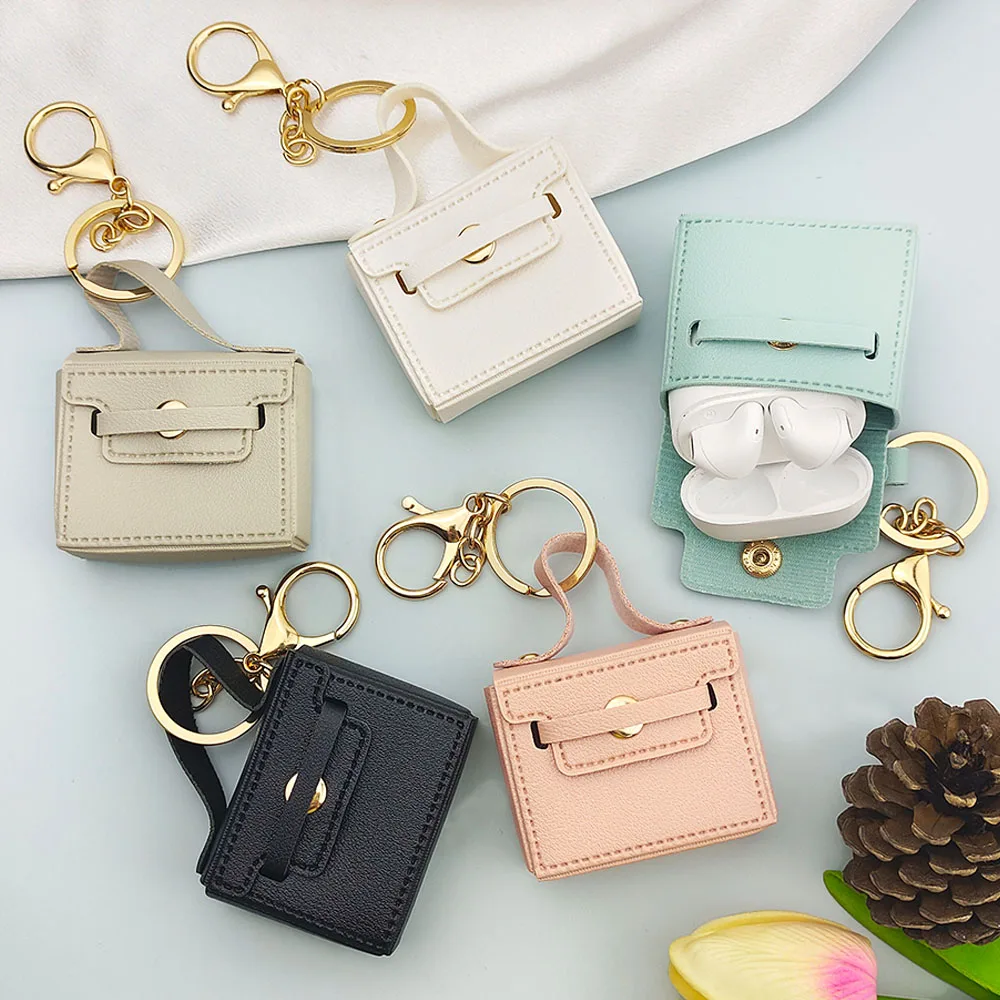 Mini Square Tote Bag Keychain Solid Color PU Leather Handbag Keyring for Women Portable Car Key Ring Headphone Case Accessories