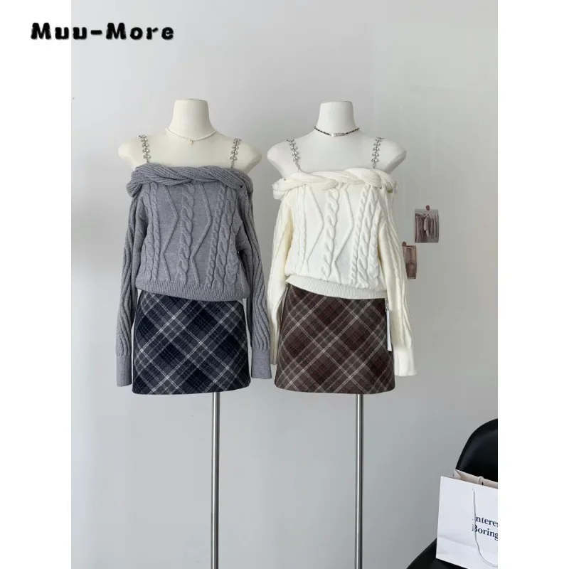 

2023 Winter Hotsweet Gyaru Casual Slash Neck Knitting Long Sleeve Pullovers Women Solid Color Sheath Ladies Suspender Sweater