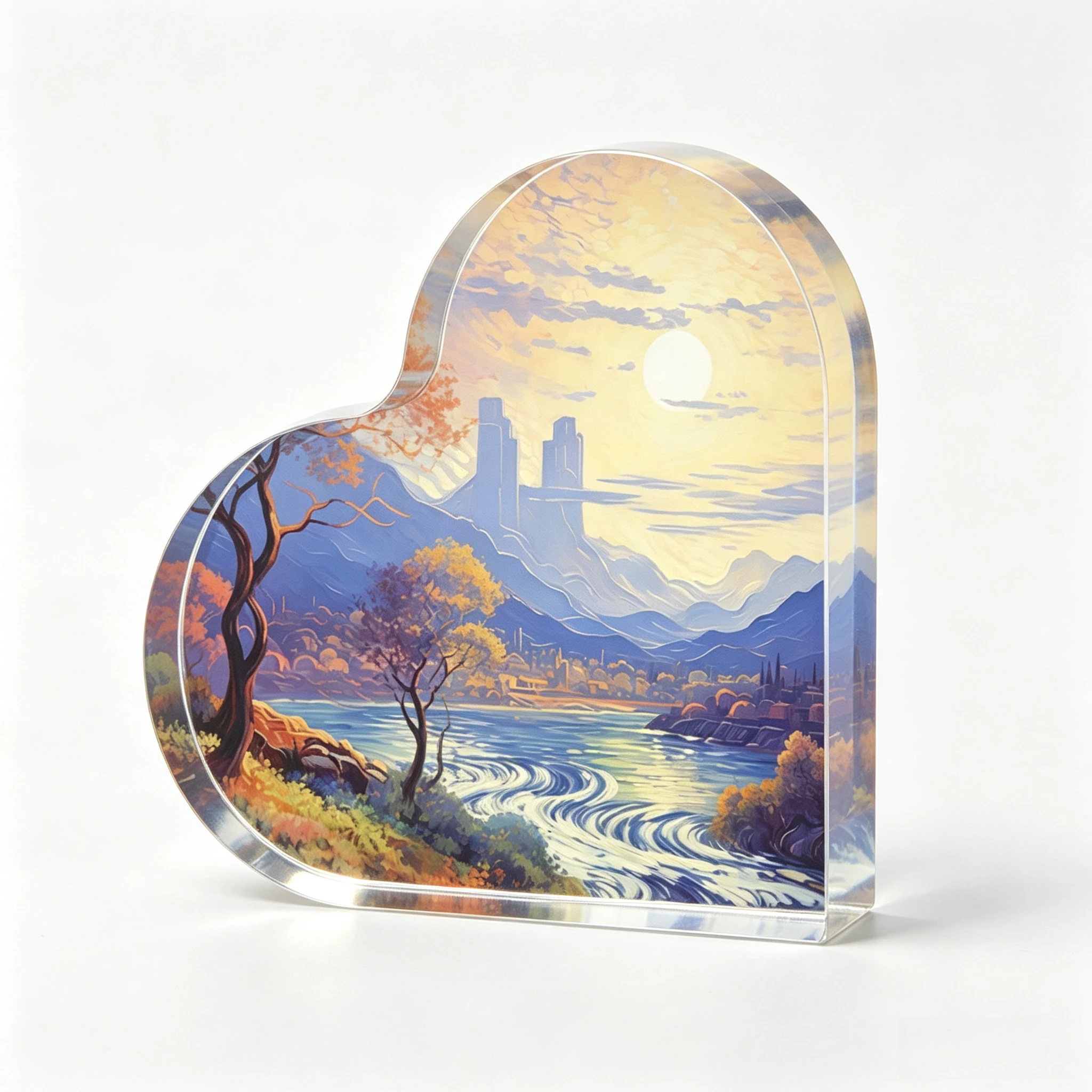 Impressionist Landscape Heart‑Shaped Acrylic Sign, Swirling River Ancient City Under Bright Moon Sky Home Desktop Ornament