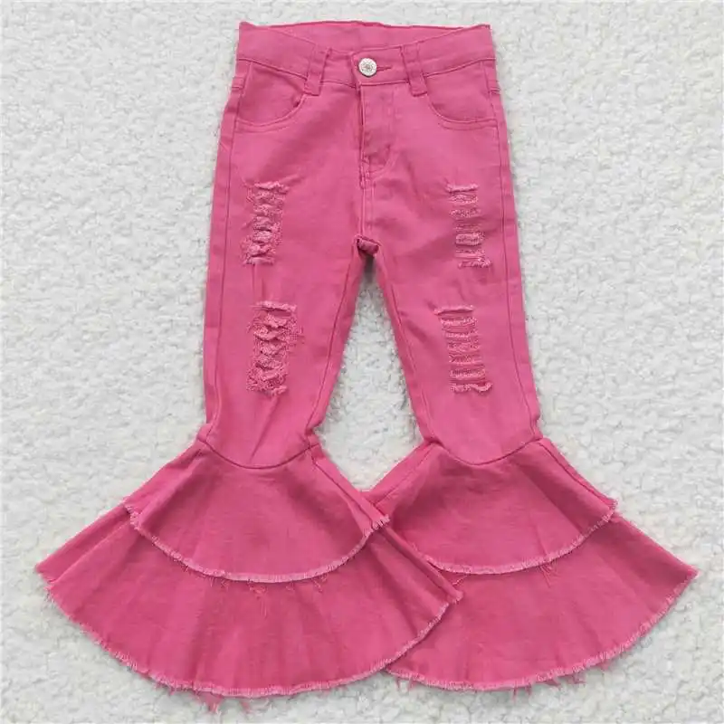 

Wholesale GTirls' Autumn AndWinter Trousers, Double-Layer Denim Bell-Bottoms, Ripped Elements, Bright Colors And Ruffle