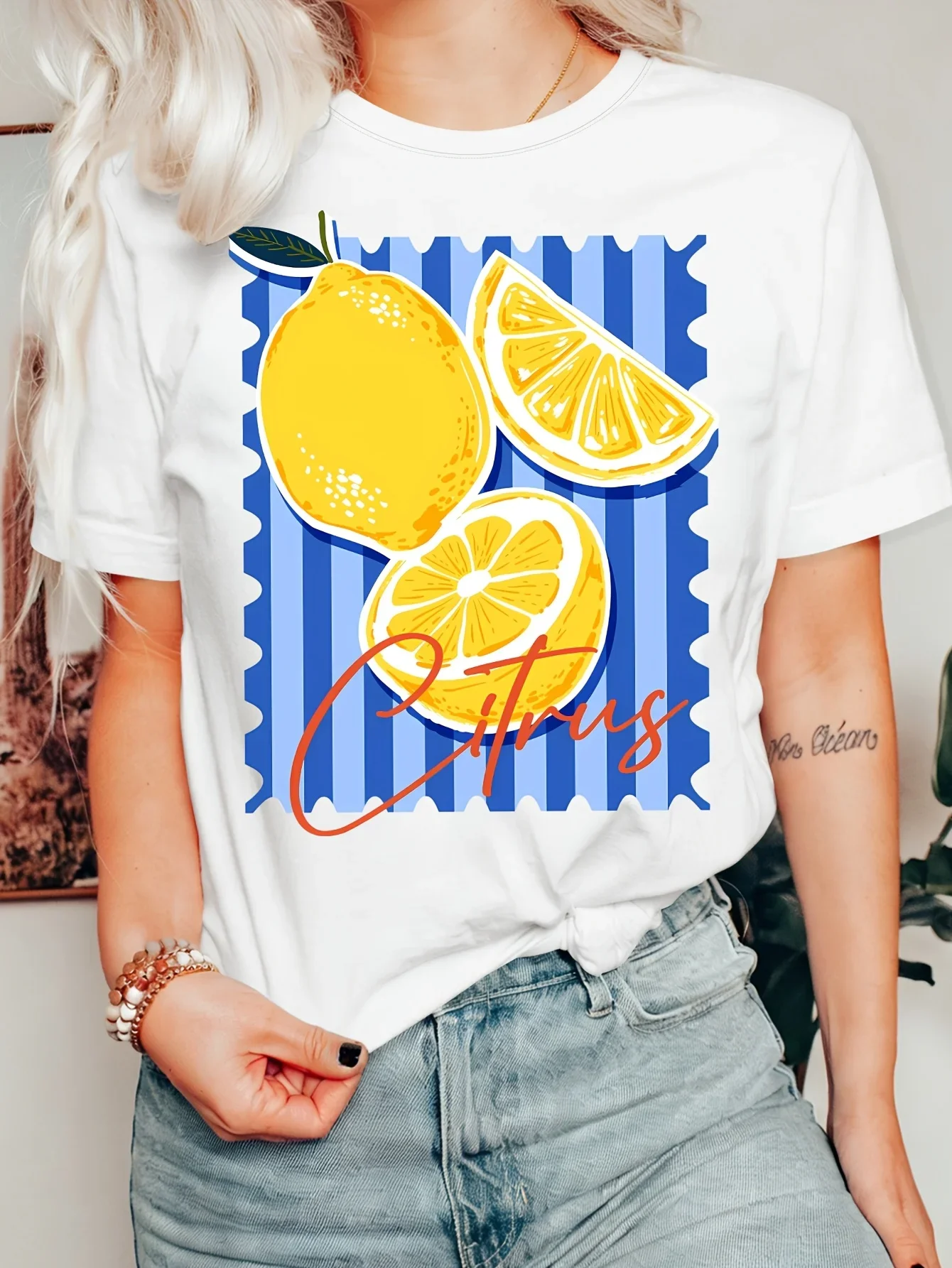 Summer Citrus Lemon Stamp Womens T Shirt Vintage Colorful Fruit Graphic Tee Short Sleeve Casual Daily Holiday Ladies Tops