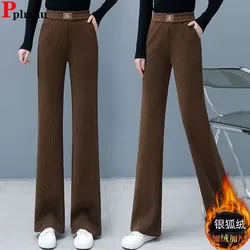 Women Thicken Slim Solid Wide Leg Pants Winter Warm Elastic High Waist Velvet Lined Straight Pantalones Casual Snow Wear Calca