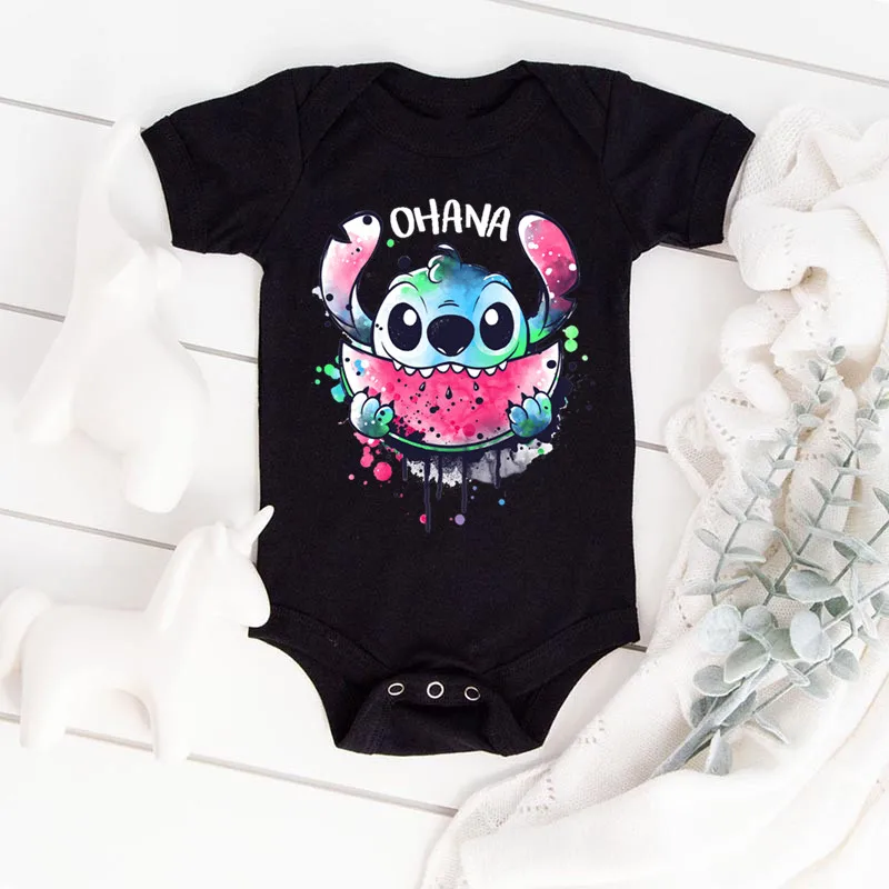 Kawaii Ohana Stitch Print Baby Clothes 100% Cotton Short Sleeve Romper Boy Girl Bodysuit Summer Newborn Jumpsuit 0-24M