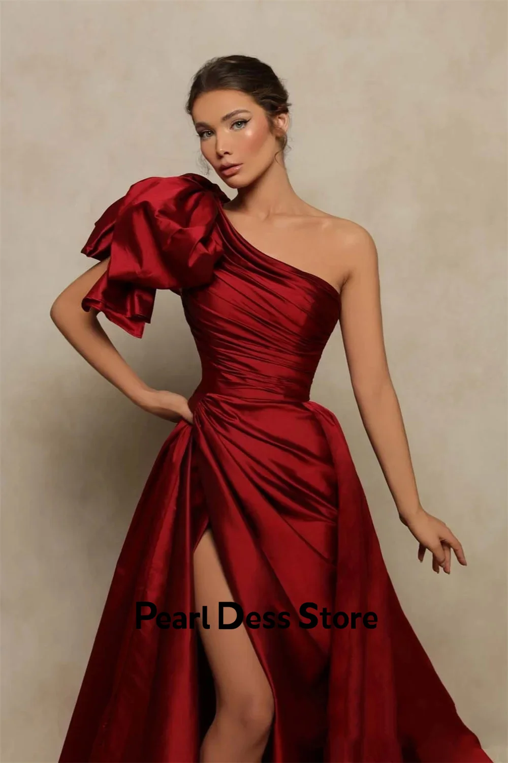 Pearl Serin Evening Dresses Woman Elegant Party Dresses 2024 for Wedding Satin Women\'s Evening Dress Claret One Shoulder Vest