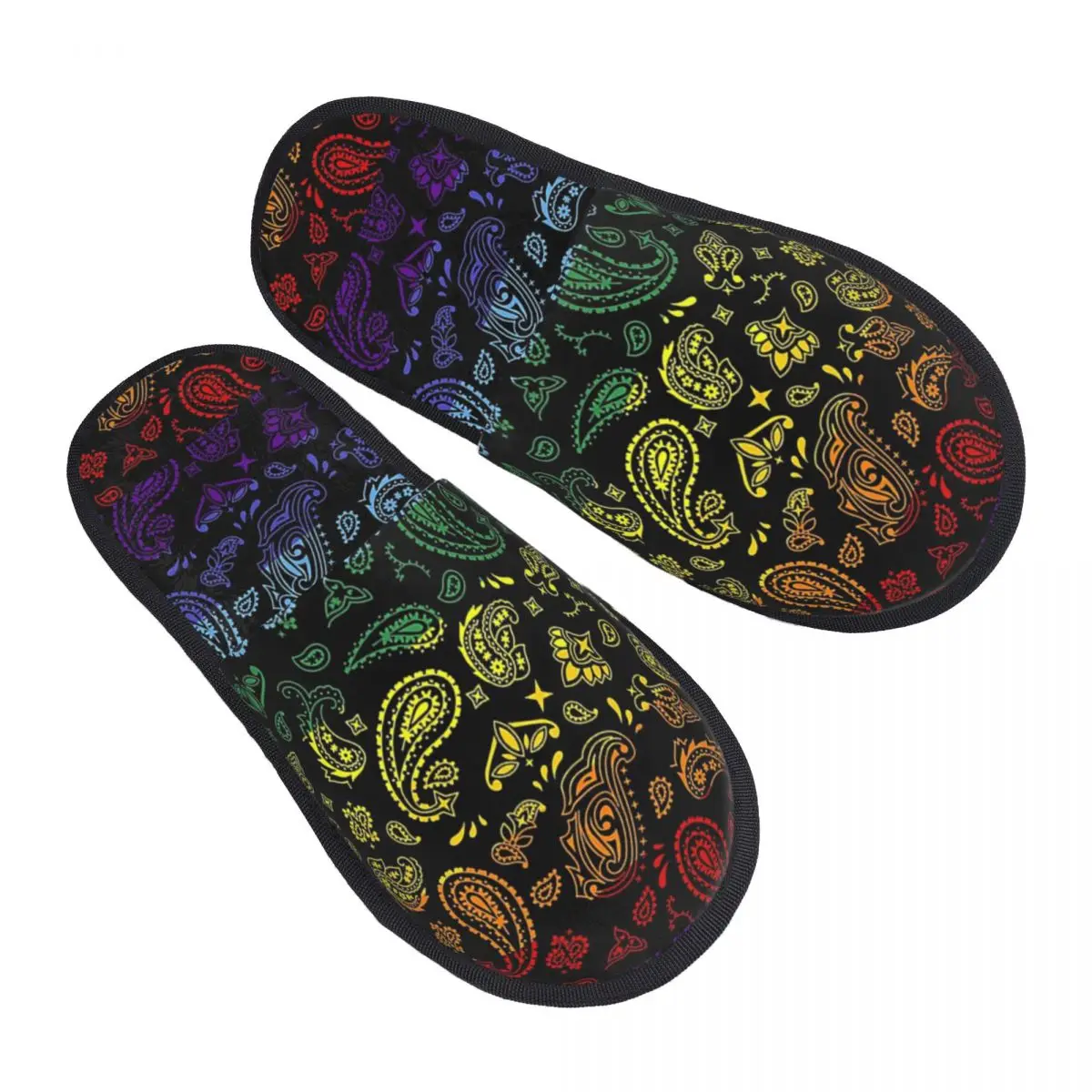 Pantofole da donna con stampa personalizzata arcobaleno su paisley nero, comode e calde pantofole morbide in memory foam, scarpe da esterno per interni