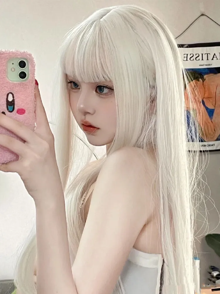 Lolita Wig Long Straight white Wig with Bangs Headband Synthetic Wigs for Women Human Hair