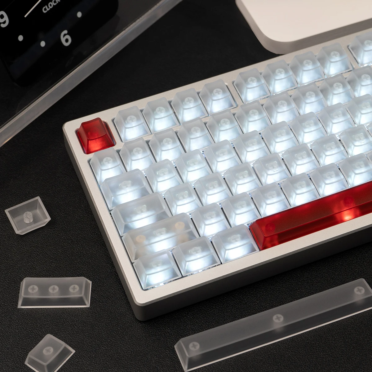 

Red White 150 Keys Frosted Transparent Keycaps Cherry Profile UV pad print PC Keycap For Cherry MX 61 68 104 Mechanical Keyboard