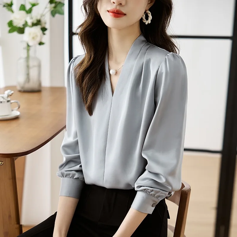 

Vintage Women's Blouses Solid Color Casual Shirts Fashion Loose Summer Korean Clothing Long Sleeved V-neck Chiffon Women Tops