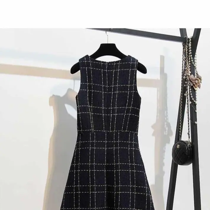 Women Elegant Vintage Tweed Fragrant Suit Jacke Coat Top And Dress Two Piece Set Outfit Winter Jacquard Party Plaid Clothing