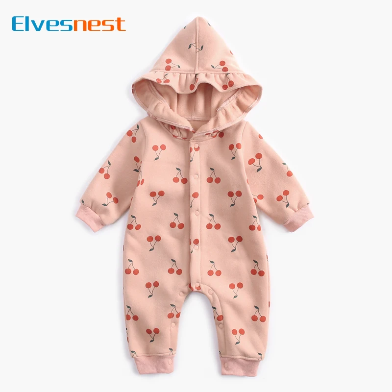 Baby Hooded Romper 0-3 Years Girls Cherry Print Jumpsuit Long Sleeve Ruffle Hood Infant Onesie Fall Winter Warm Toddler Outfit