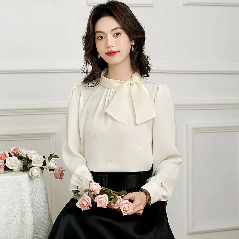 

Elegant Spring Autumn Stand Collar Tied Flower Beaded Color Overhead Chiffon Shirt Women Top French Style Straight Cut
