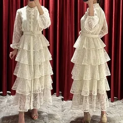 Customized Exquisite High Collar A-line Flowers Tiered Ankle-Length Lace Bespoke Occasion Dresses Evening High Quality Fashion C