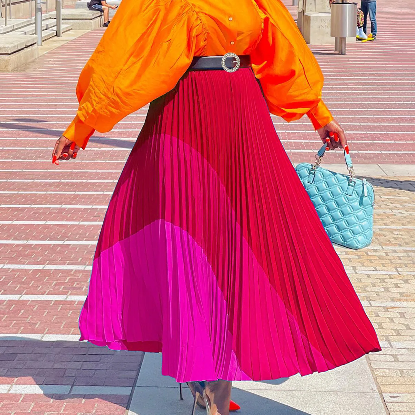 Falda larga plisada de cintura alta para mujer, media falda holgada de color, elegante y a la moda, para verano, 2024