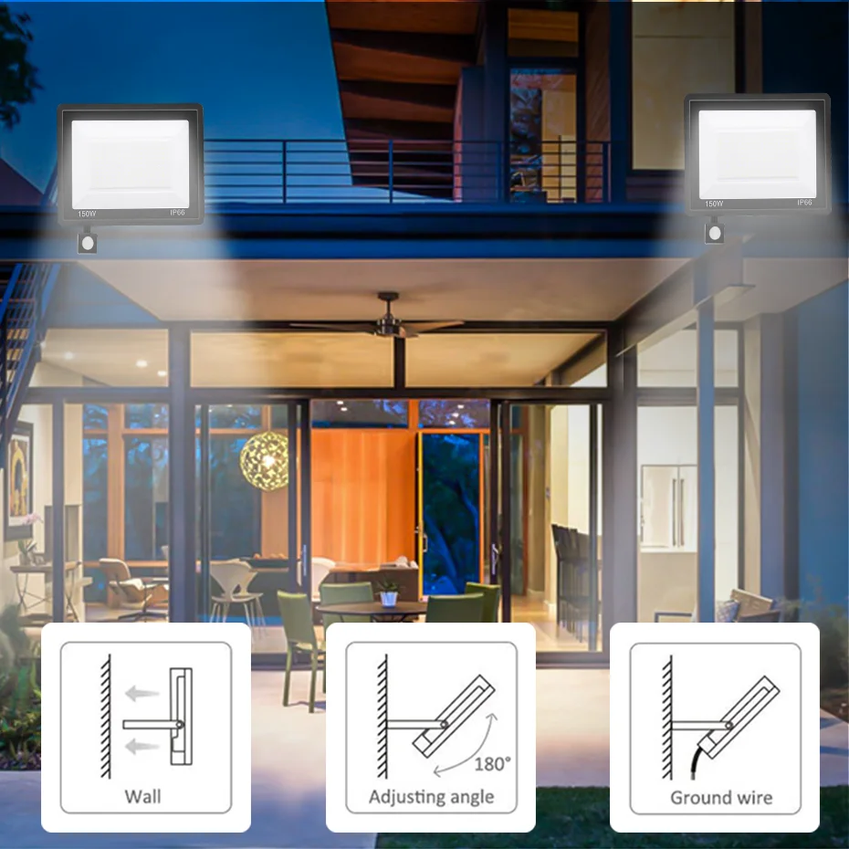 Luz de inundação impermeável com sensor de movimento PIR Floodlight, projetor refletor, holofote ao ar livre, 150W, 100W, 50W, 30W, CA 200-240V