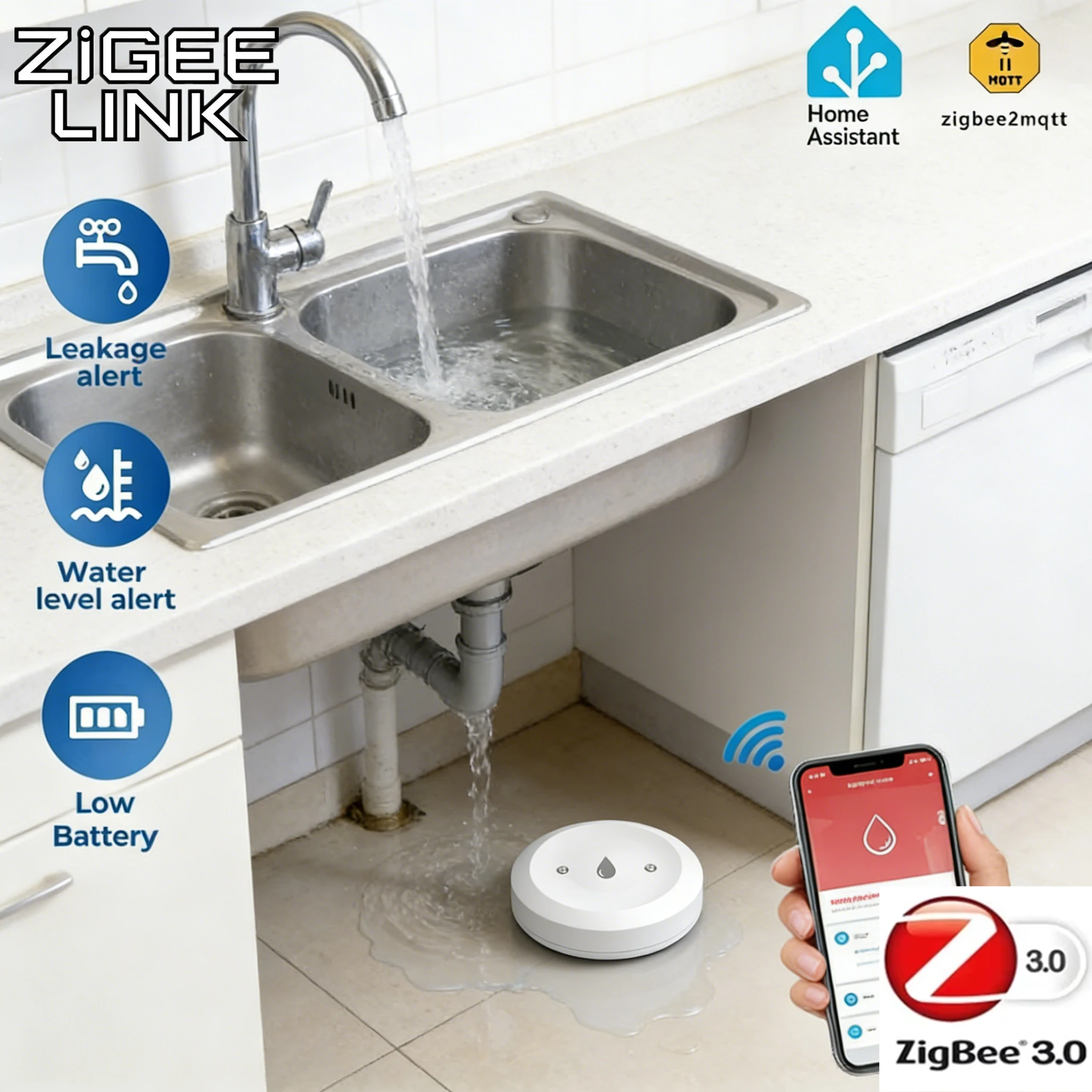 Tuya ZigBee 3.0 Water Leak Detector Smart Flood Sensor App Remote Monitor for Kitchen/Bathroom with Home Assistant Zigbee2mqtt