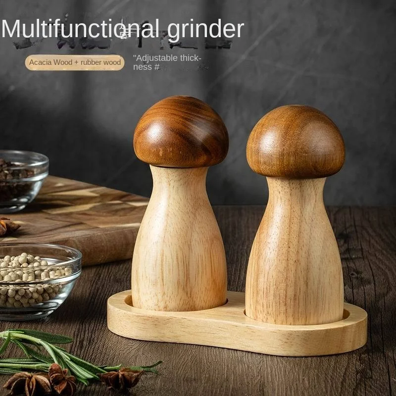 Creative Mushroom Pepper Grinder Acacia Mangium Oak Pepper Mill Solid Wood Sea Salt Black Pepper Mill Bottle Suit