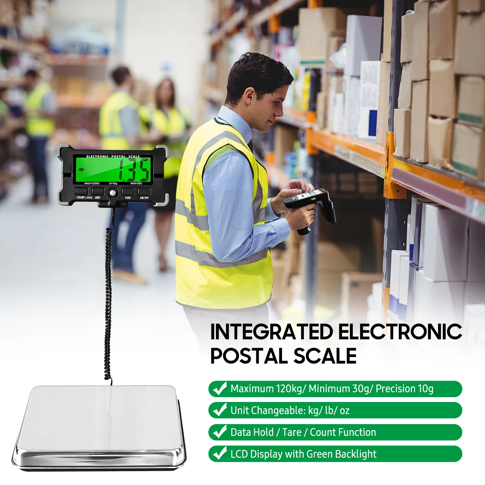 440 Lbs Electronic Postal Scale 0.05kg Precision Integrated Steel Digital with LCD Backlight Display Shipping with Auto off