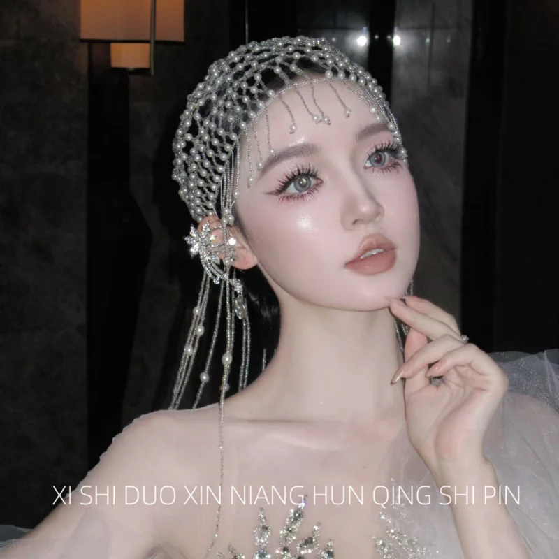 요정 아름다움 진주 드리워진 모자 디자인 감각 장 럭셔리 모조 진주 무대 패션쇼 파티 패션 신부 머리 장식 체인 소녀