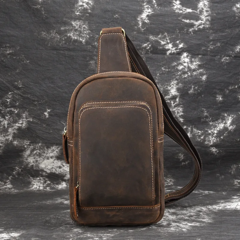 Original Simple Leather Men's Chest Bag Vintage Top Layer Cowhide  Backpack Mad  Leather Single Shoulder Slant Bag T...