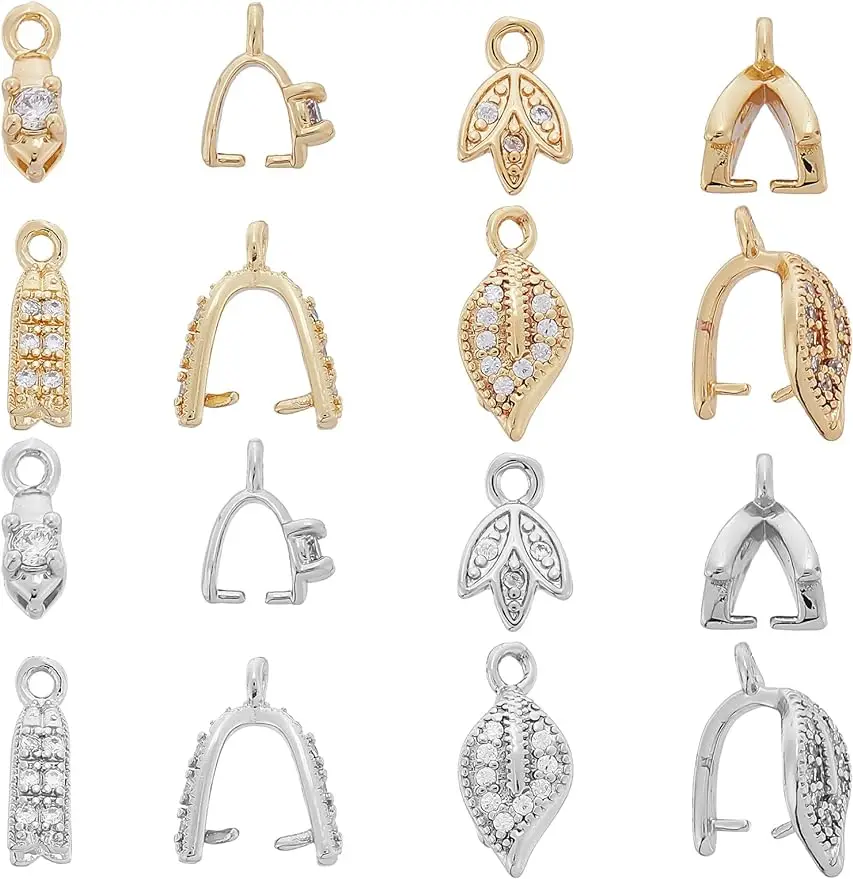 

16Pcs Brass Pinch Bails Pinch Clip Bail Clasp 4Styles Cubic Zirconia Ice Pick Gold Platinum Plated Bail Clasp for Jewelry Making