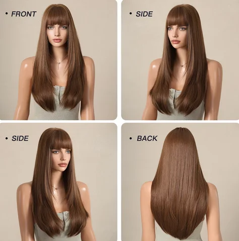 Long Straight Chestnut Brown Synthetic Wigs with Bangs Natural Layered Brown Women Wig for Daily Cosplay Heat Resistant