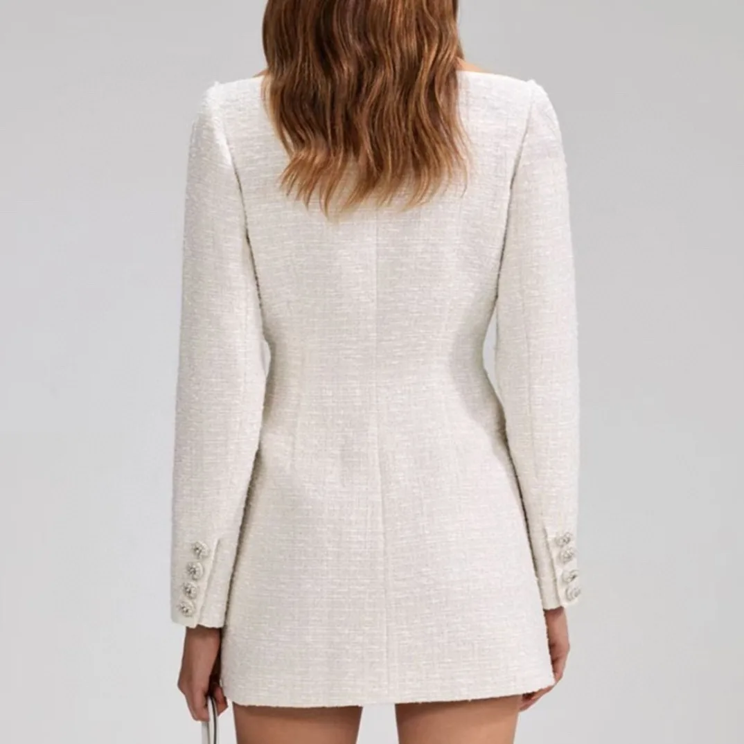 2025, neues Herbst-Minikleid aus hochwertigem Beige mit langen Ärmeln und Tweed für Damen