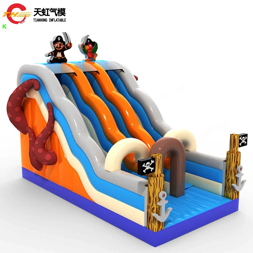 Zeeschip Piratenthema Opblaasbare waterglijbaan 2-laufen Opblaasbare piratenglijbaan Uitsmijter Speeltuin met ventilator