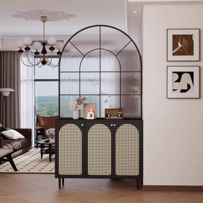 Scarpiera da ingresso retrò francese, scarpiera divisoria in rattan con schermo per la casa in vetro medievale integrato